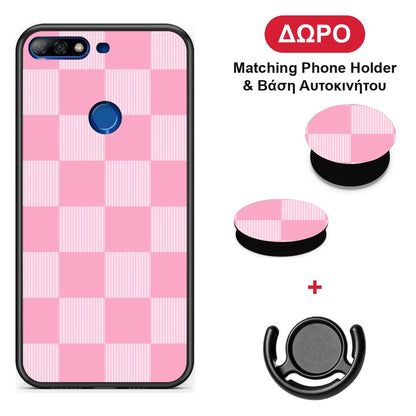 Pink and White Striped Checks - Huawei Y7 2018 / Prime Y7 2018 / Honor 7C θήκη + Δώρο Phone Holder & Βάση Αυτοκινήτου