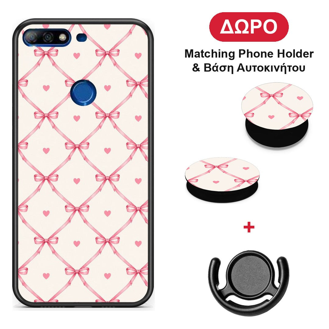 Pink Bow Lattice and Hearts on Cream - Huawei Y7 2018 / Prime Y7 2018 / Honor 7C θήκη + Δώρο Phone Holder & Βάση Αυτοκινήτου