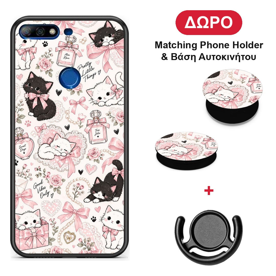 Pink Bows and Kittens Collage - Huawei Y7 2018 / Prime Y7 2018 / Honor 7C θήκη + Δώρο Phone Holder & Βάση Αυτοκινήτου
