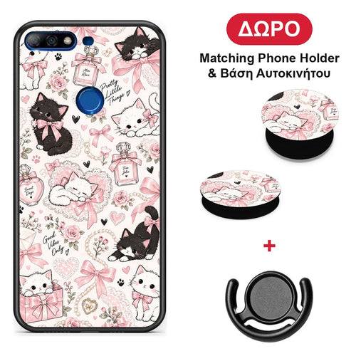 Pink Bows and Kittens Collage - Huawei Y7 2018 / Prime Y7 2018 / Honor 7C θήκη + Δώρο Phone Holder & Βάση Αυτοκινήτου