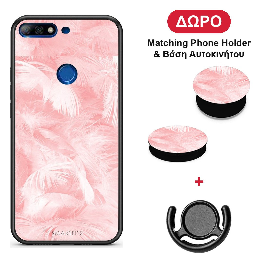 Boho Pink Feather - Huawei Y7 2018 / Prime Y7 2018 / Honor 7C θήκη + Δώρο Phone Holder & Βάση Αυτοκινήτου