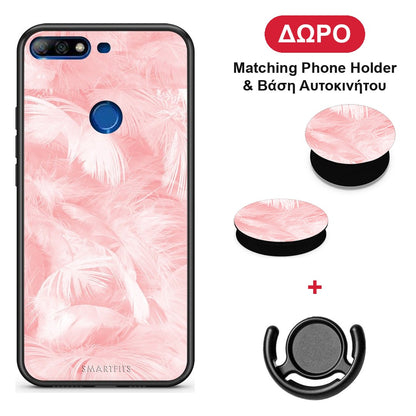 Boho Pink Feather - Huawei Y7 2018 / Prime Y7 2018 / Honor 7C θήκη + Δώρο Phone Holder & Βάση Αυτοκινήτου