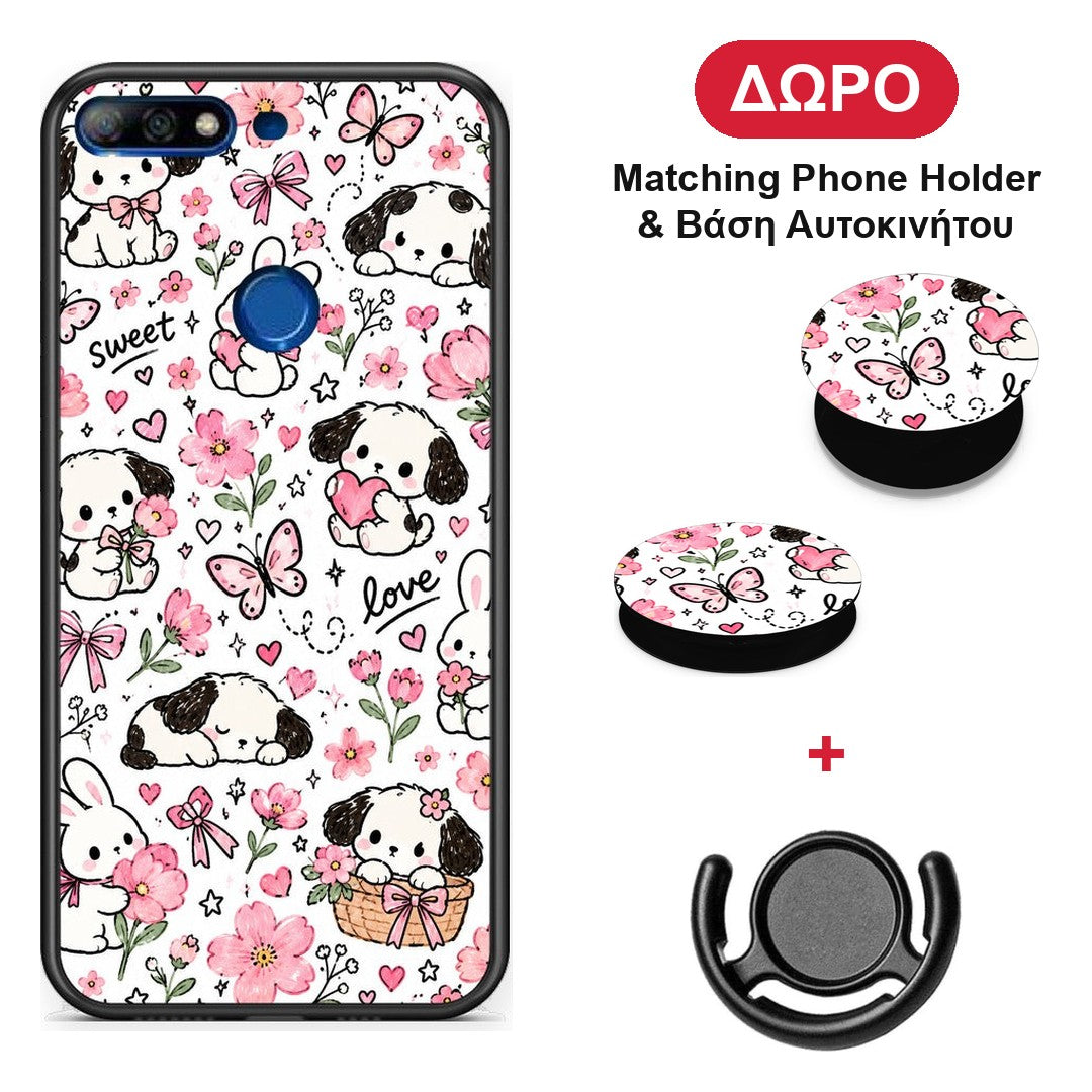 Pink Florals Puppies and Bunnies on White - Huawei Y7 2018 / Prime Y7 2018 / Honor 7C θήκη + Δώρο Phone Holder & Βάση Αυτοκινήτου