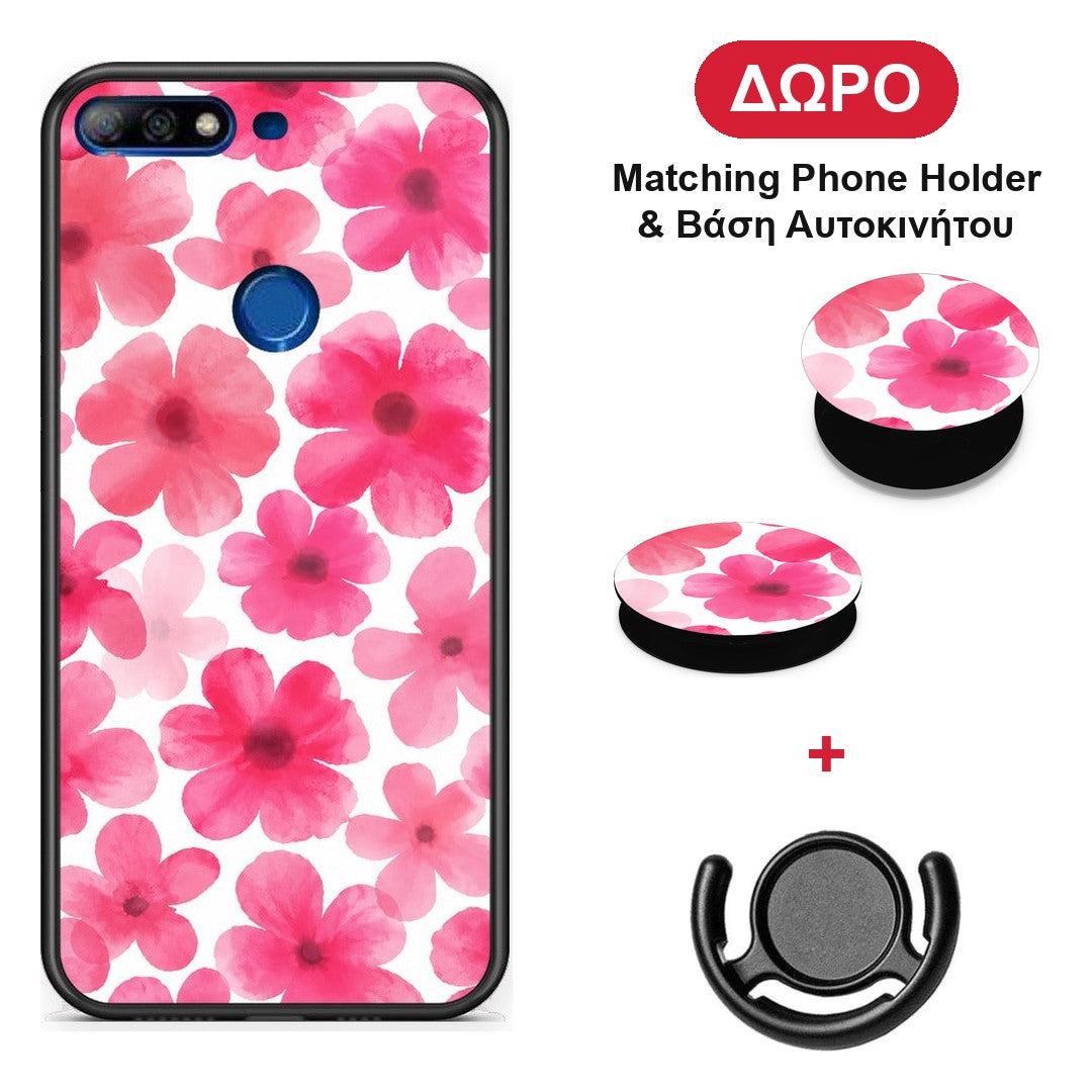 Pink Watercolour Flowers on White - Huawei Y7 2018 / Prime Y7 2018 / Honor 7C θήκη + Δώρο Phone Holder & Βάση Αυτοκινήτου
