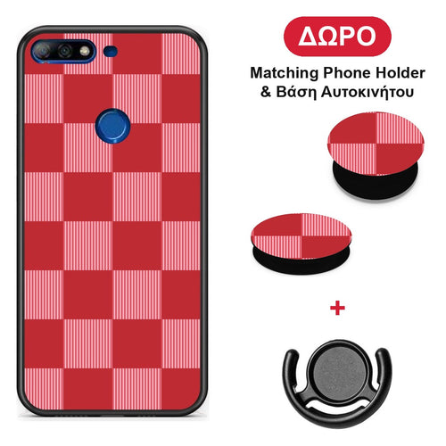 Red and Pink Striped Checks - Huawei Y7 2018 / Prime Y7 2018 / Honor 7C θήκη + Δώρο Phone Holder & Βάση Αυτοκινήτου