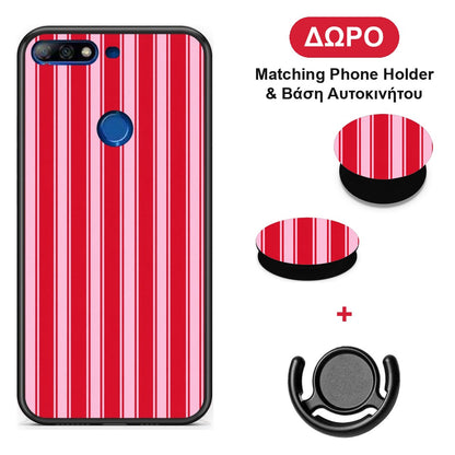 Red and Pink Vertical Pinstripes - Huawei Y7 2018 / Prime Y7 2018 / Honor 7C θήκη + Δώρο Phone Holder & Βάση Αυτοκινήτου