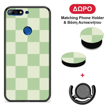 Sage and Cream Striped Checks - Huawei Y7 2018 / Prime Y7 2018 / Honor 7C θήκη + Δώρο Phone Holder & Βάση Αυτοκινήτου