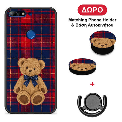 Teddy Bear on Red and Navy Tartan - Huawei Y7 2018 / Prime Y7 2018 / Honor 7C θήκη + Δώρο Phone Holder & Βάση Αυτοκινήτου