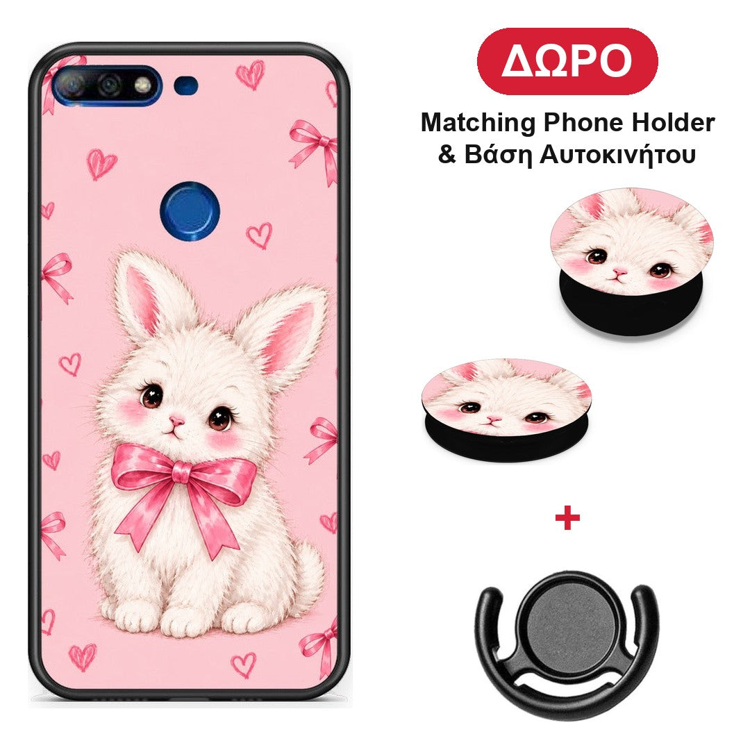 White Bunny and Pink Bows - Huawei Y7 2018 / Prime Y7 2018 / Honor 7C θήκη + Δώρο Phone Holder & Βάση Αυτοκινήτου