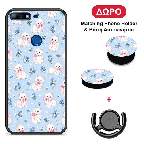 White Kittens and Blue Flowers Small - Huawei Y7 2018 / Prime Y7 2018 / Honor 7C θήκη + Δώρο Phone Holder & Βάση Αυτοκινήτου