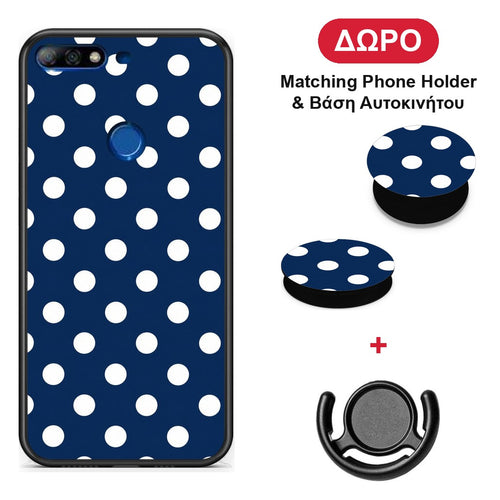White Large Polka Dots on Navy - Huawei Y7 2018 / Prime Y7 2018 / Honor 7C θήκη + Δώρο Phone Holder & Βάση Αυτοκινήτου