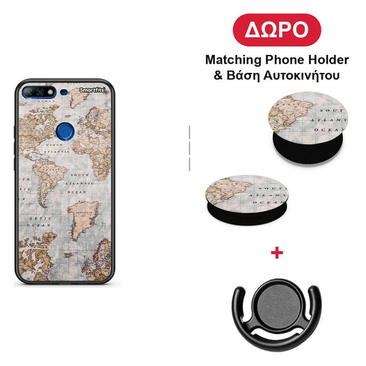 World Map - Huawei Y7 2018 / Prime Y7 2018 / Honor 7C θήκη + Δώρο Phone Holder & Βάση Αυτοκινήτου