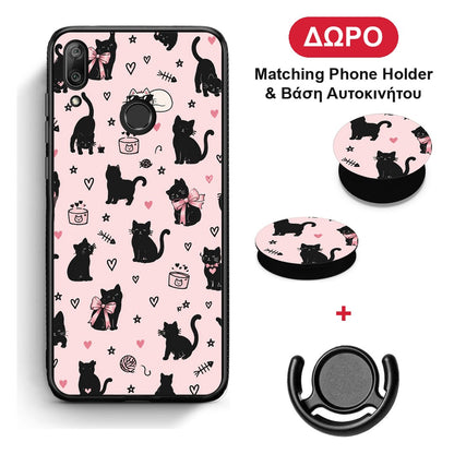 Black Cat Doodles on Pink - Huawei Y7 2019 / Y7 Prime 2019 θήκη + Δώρο Phone Holder & Βάση Αυτοκινήτου