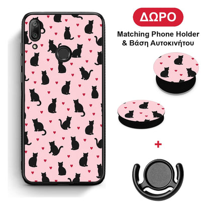 Black Cat Silhouettes and Hearts on Pink - Huawei Y7 2019 / Y7 Prime 2019 θήκη + Δώρο Phone Holder & Βάση Αυτοκινήτου