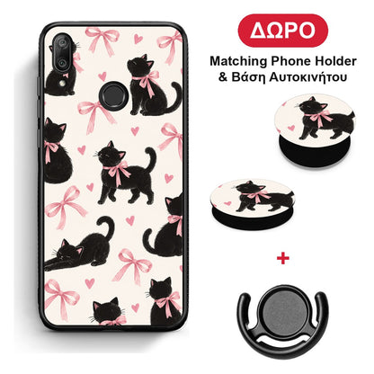 Black Kittens and Pink Bows on Cream Large - Huawei Y7 2019 / Y7 Prime 2019 θήκη + Δώρο Phone Holder & Βάση Αυτοκινήτου