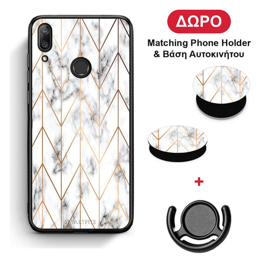 Marble Gold Geometric - Huawei Y7 2019 / Y7 Prime 2019 θήκη + Δώρο Phone Holder & Βάση Αυτοκινήτου