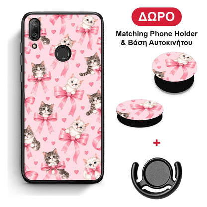 Kittens and Pink Bows on Pink - Huawei Y7 2019 / Y7 Prime 2019 θήκη + Δώρο Phone Holder & Βάση Αυτοκινήτου