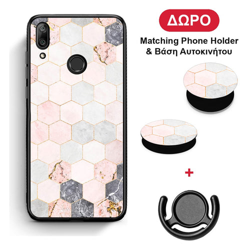 Marble Hexagon Pink - Huawei Y7 2019 / Y7 Prime 2019 θήκη + Δώρο Phone Holder & Βάση Αυτοκινήτου