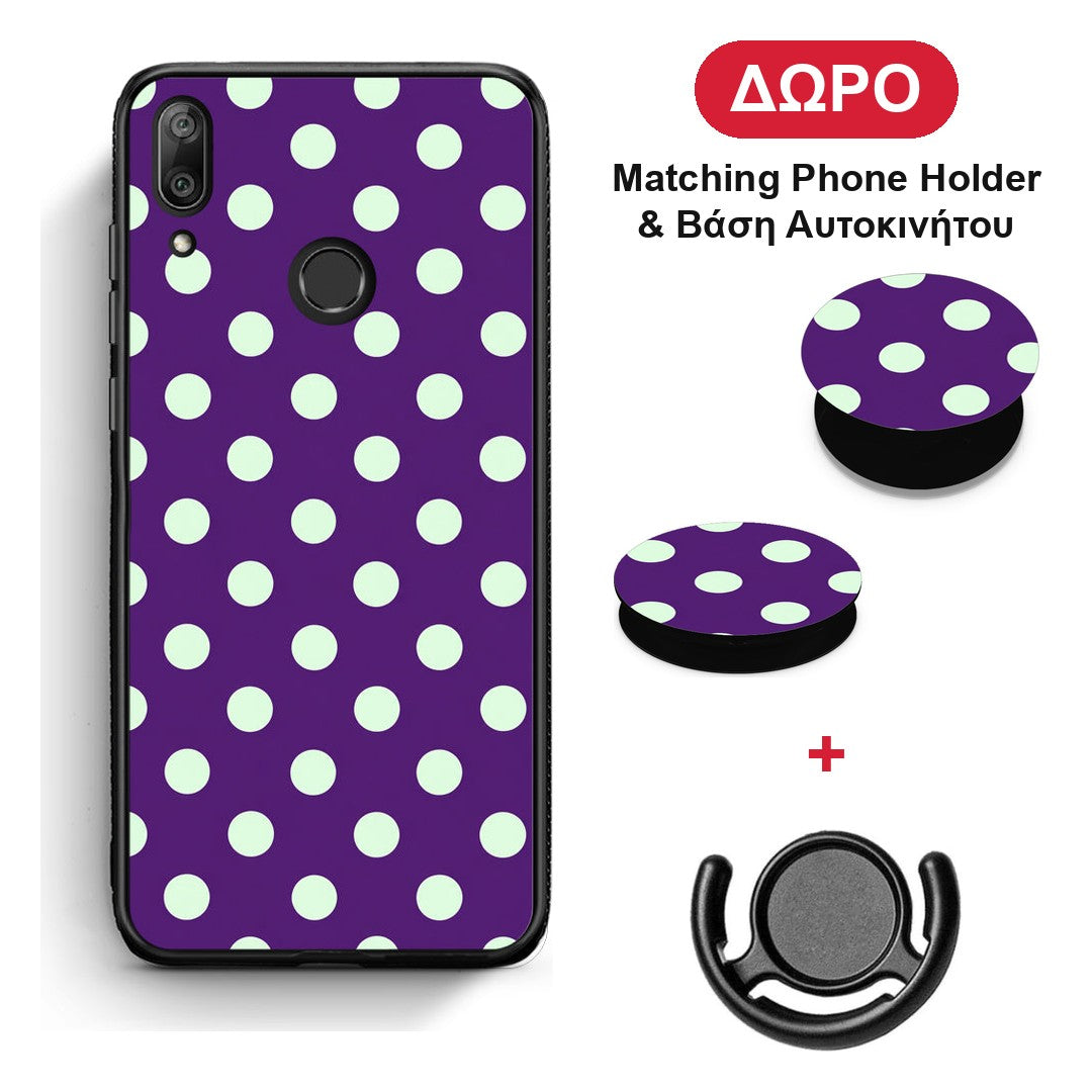 Mint Polka Dots on Purple - Huawei Y7 2019 / Y7 Prime 2019 θήκη + Δώρο Phone Holder & Βάση Αυτοκινήτου