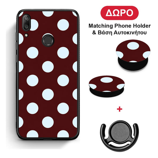 Pale Blue Large Polka Dots on Burgundy - Huawei Y7 2019 / Y7 Prime 2019 θήκη + Δώρο Phone Holder & Βάση Αυτοκινήτου