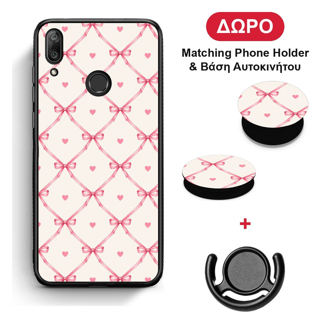 Pink Bow Lattice and Hearts on Cream - Huawei Y7 2019 / Y7 Prime 2019 θήκη + Δώρο Phone Holder & Βάση Αυτοκινήτου