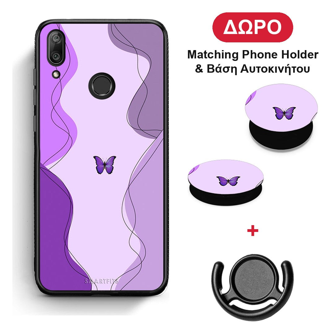 Purple Mariposa - Huawei Y7 2019 / Y7 Prime 2019 θήκη + Δώρο Phone Holder & Βάση Αυτοκινήτου