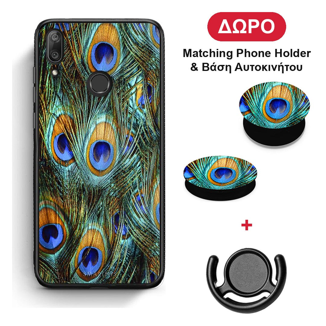 Real Peacock Feathers - Huawei Y7 2019 / Y7 Prime 2019 θήκη + Δώρο Phone Holder & Βάση Αυτοκινήτου