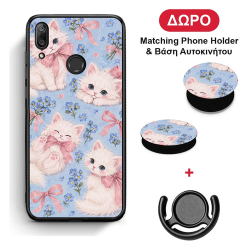 White Kittens and Blue Flowers Large - Huawei Y7 2019 / Y7 Prime 2019 θήκη + Δώρο Phone Holder & Βάση Αυτοκινήτου