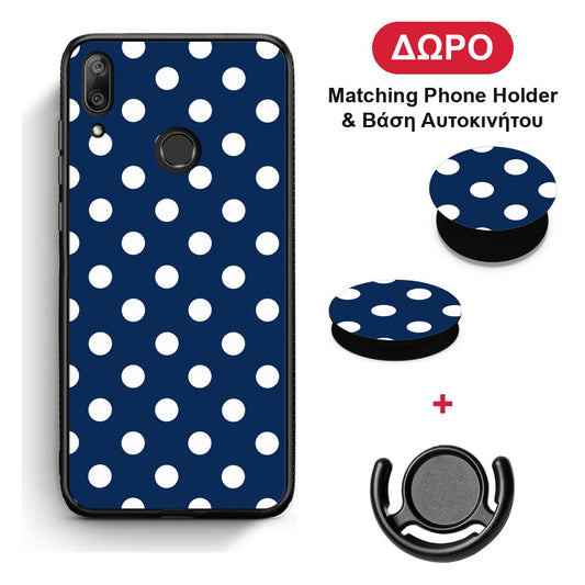 White Large Polka Dots on Navy - Huawei Y7 2019 / Y7 Prime 2019 θήκη + Δώρο Phone Holder & Βάση Αυτοκινήτου