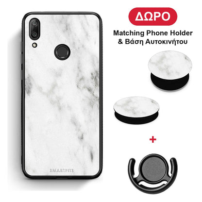 Marble White - Huawei Y7 2019 / Y7 Prime 2019 θήκη + Δώρο Phone Holder & Βάση Αυτοκινήτου