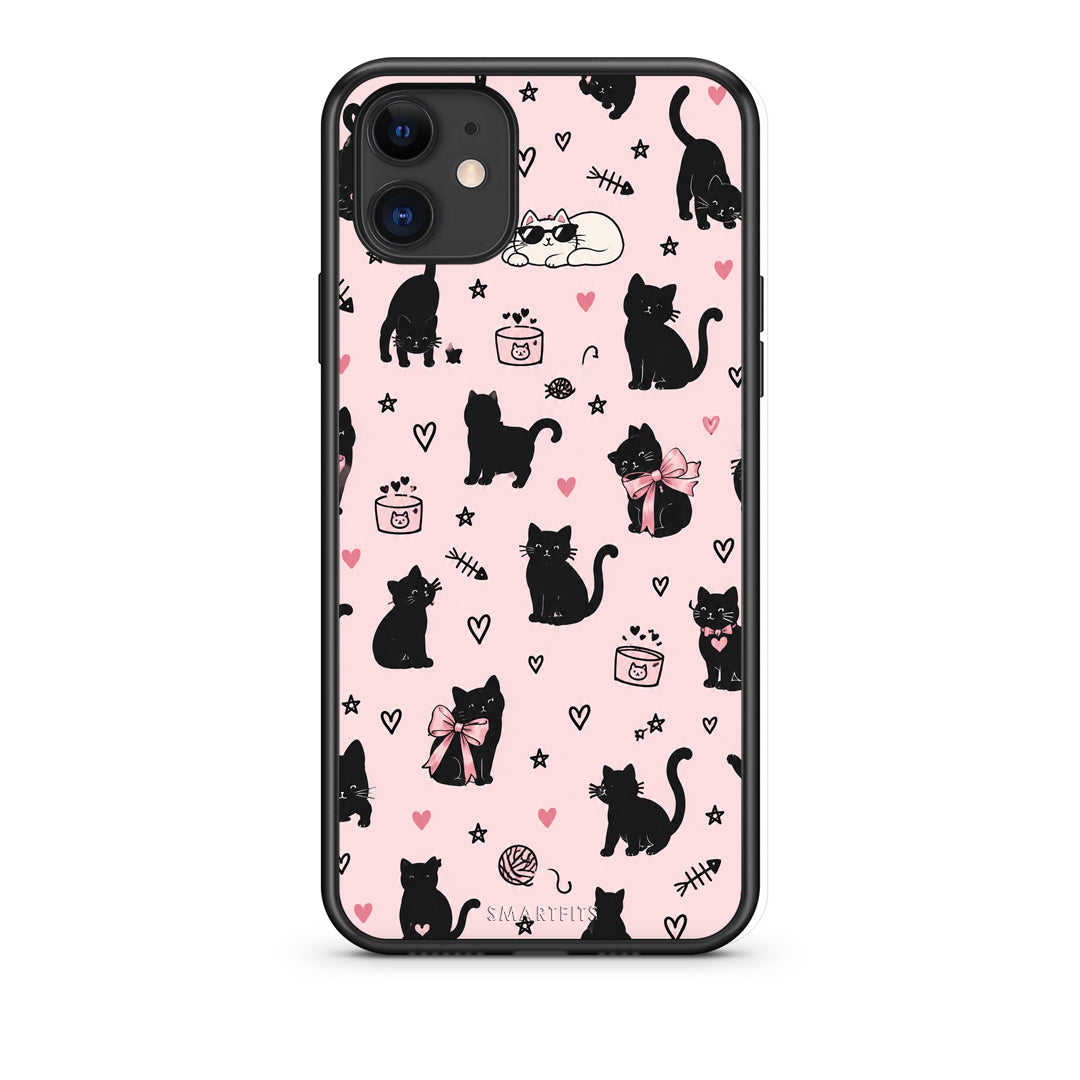 Θήκη iPhone 11 Black Cat Doodles on Pink από τη Smartfits με σχέδιο στο πίσω μέρος και μαύρο περίβλημα | iPhone 11 Black Cat Doodles on Pink case with colorful back and black bezels
