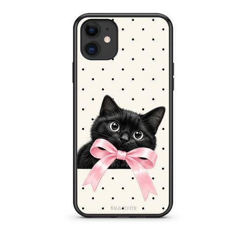 Θήκη iPhone 11 Black Kitten Pink Bow and Polka Dots από τη Smartfits με σχέδιο στο πίσω μέρος και μαύρο περίβλημα | iPhone 11 Black Kitten Pink Bow and Polka Dots case with colorful back and black bezels