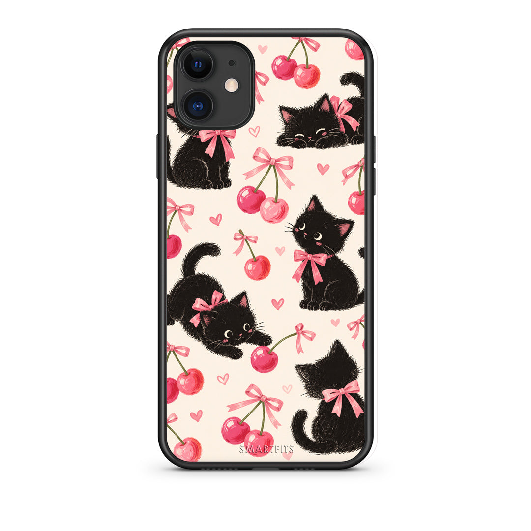 Θήκη iPhone 11 Black Kittens and Cherries on Cream από τη Smartfits με σχέδιο στο πίσω μέρος και μαύρο περίβλημα | iPhone 11 Black Kittens and Cherries on Cream case with colorful back and black bezels