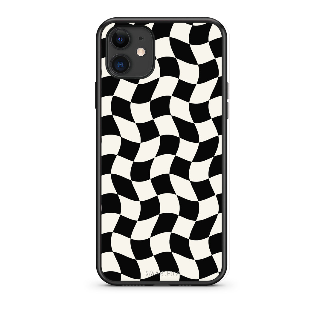 Θήκη iPhone 11 Black and Cream Wavy Checkerboard από τη Smartfits με σχέδιο στο πίσω μέρος και μαύρο περίβλημα | iPhone 11 Black and Cream Wavy Checkerboard case with colorful back and black bezels