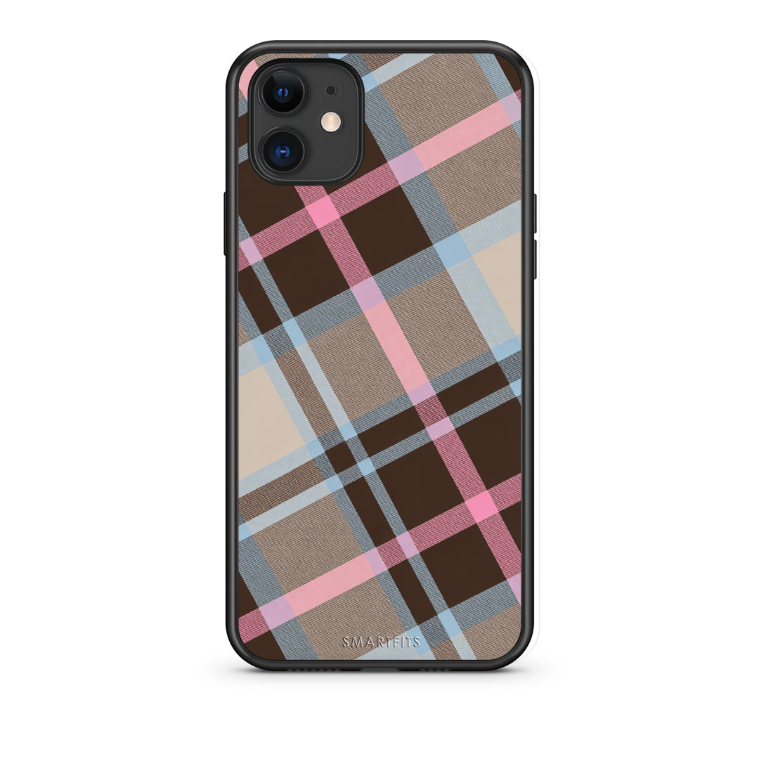 Θήκη iPhone 11 Brown Pink and Blue Diagonal Plaid από τη Smartfits με σχέδιο στο πίσω μέρος και μαύρο περίβλημα | iPhone 11 Brown Pink and Blue Diagonal Plaid case with colorful back and black bezels