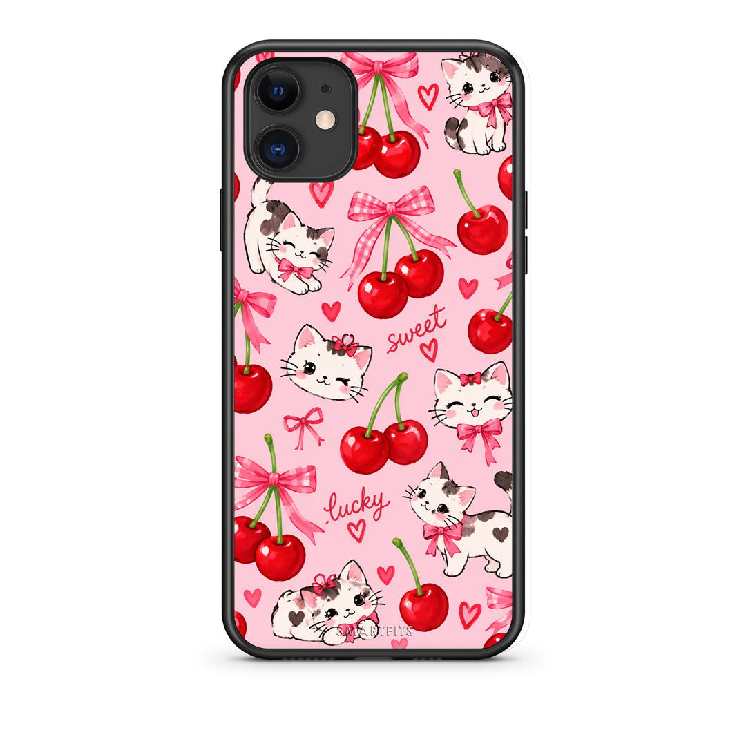 Θήκη iPhone 11 Cherries Bows and Kittens on Pink από τη Smartfits με σχέδιο στο πίσω μέρος και μαύρο περίβλημα | iPhone 11 Cherries Bows and Kittens on Pink case with colorful back and black bezels