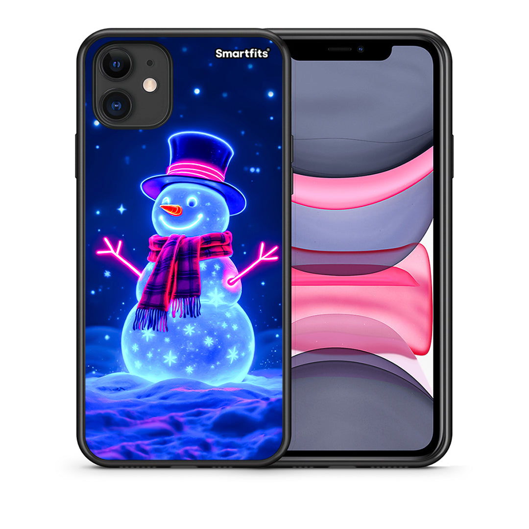 Θήκη iPhone 11 Christmas Neon Snowman από τη Smartfits με σχέδιο στο πίσω μέρος και μαύρο περίβλημα | iPhone 11 Christmas Neon Snowman case with colorful back and black bezels