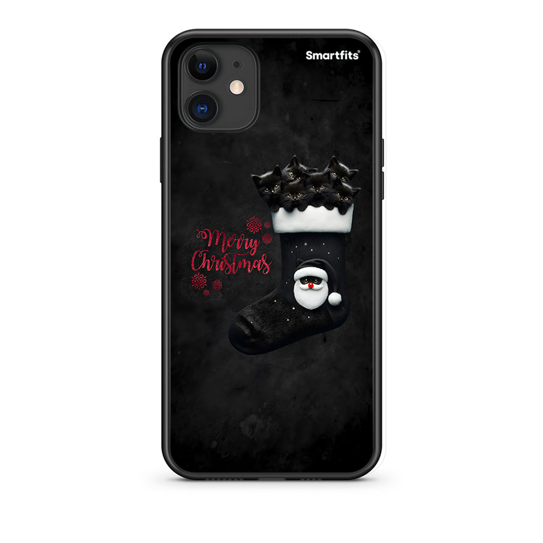 iPhone 11 Merry Cat Christmas Θήκη από τη Smartfits με σχέδιο στο πίσω μέρος και μαύρο περίβλημα | Smartphone case with colorful back and black bezels by Smartfits