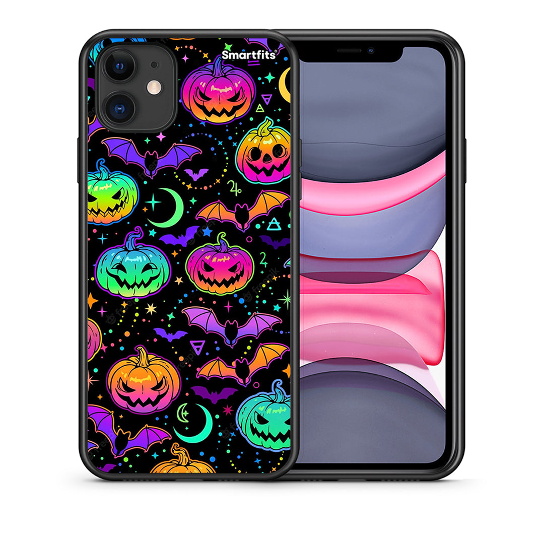 Θήκη iPhone 11 Neon Halloween από τη Smartfits με σχέδιο στο πίσω μέρος και μαύρο περίβλημα | iPhone 11 Neon Halloween case with colorful back and black bezels