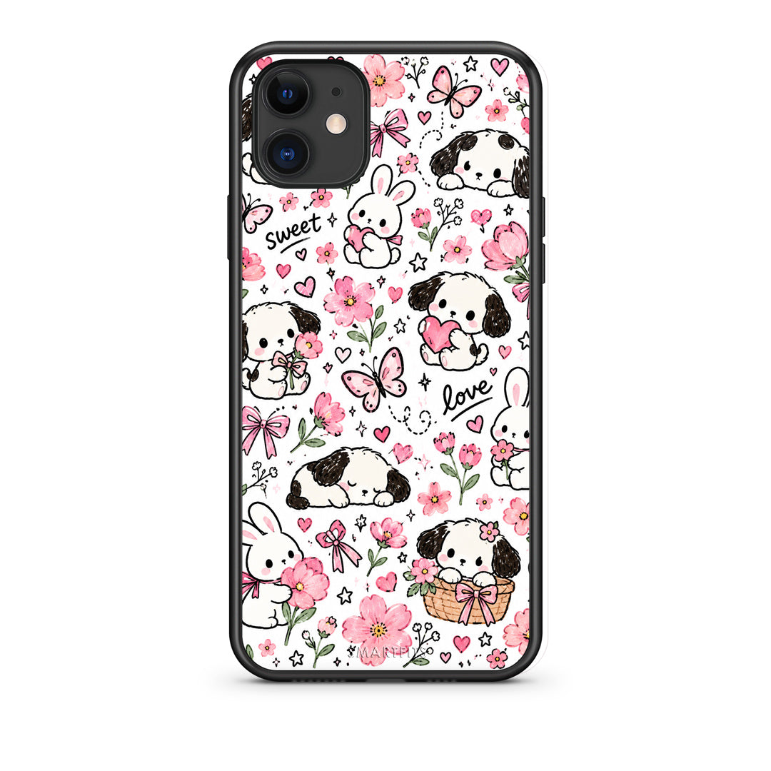 Θήκη iPhone 11 Pink Florals Puppies and Bunnies on White από τη Smartfits με σχέδιο στο πίσω μέρος και μαύρο περίβλημα | iPhone 11 Pink Florals Puppies and Bunnies on White case with colorful back and black bezels