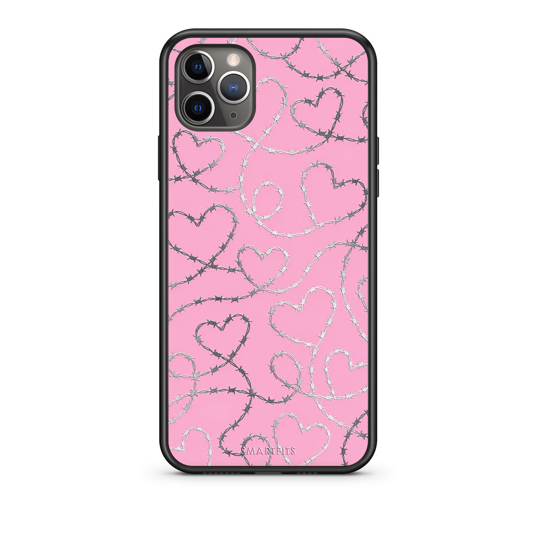 Θήκη iPhone 11 Pro Max Barbed Wire Hearts on Pink από τη Smartfits με σχέδιο στο πίσω μέρος και μαύρο περίβλημα | iPhone 11 Pro Max Barbed Wire Hearts on Pink case with colorful back and black bezels