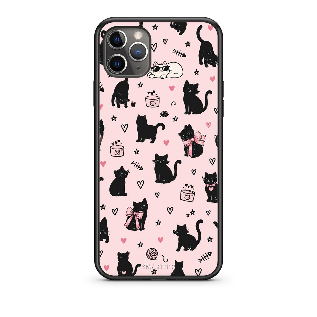 Θήκη iPhone 11 Pro Max Black Cat Doodles on Pink από τη Smartfits με σχέδιο στο πίσω μέρος και μαύρο περίβλημα | iPhone 11 Pro Max Black Cat Doodles on Pink case with colorful back and black bezels