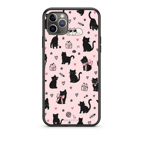 Θήκη iPhone 11 Pro Max Black Cat Doodles on Pink από τη Smartfits με σχέδιο στο πίσω μέρος και μαύρο περίβλημα | iPhone 11 Pro Max Black Cat Doodles on Pink case with colorful back and black bezels