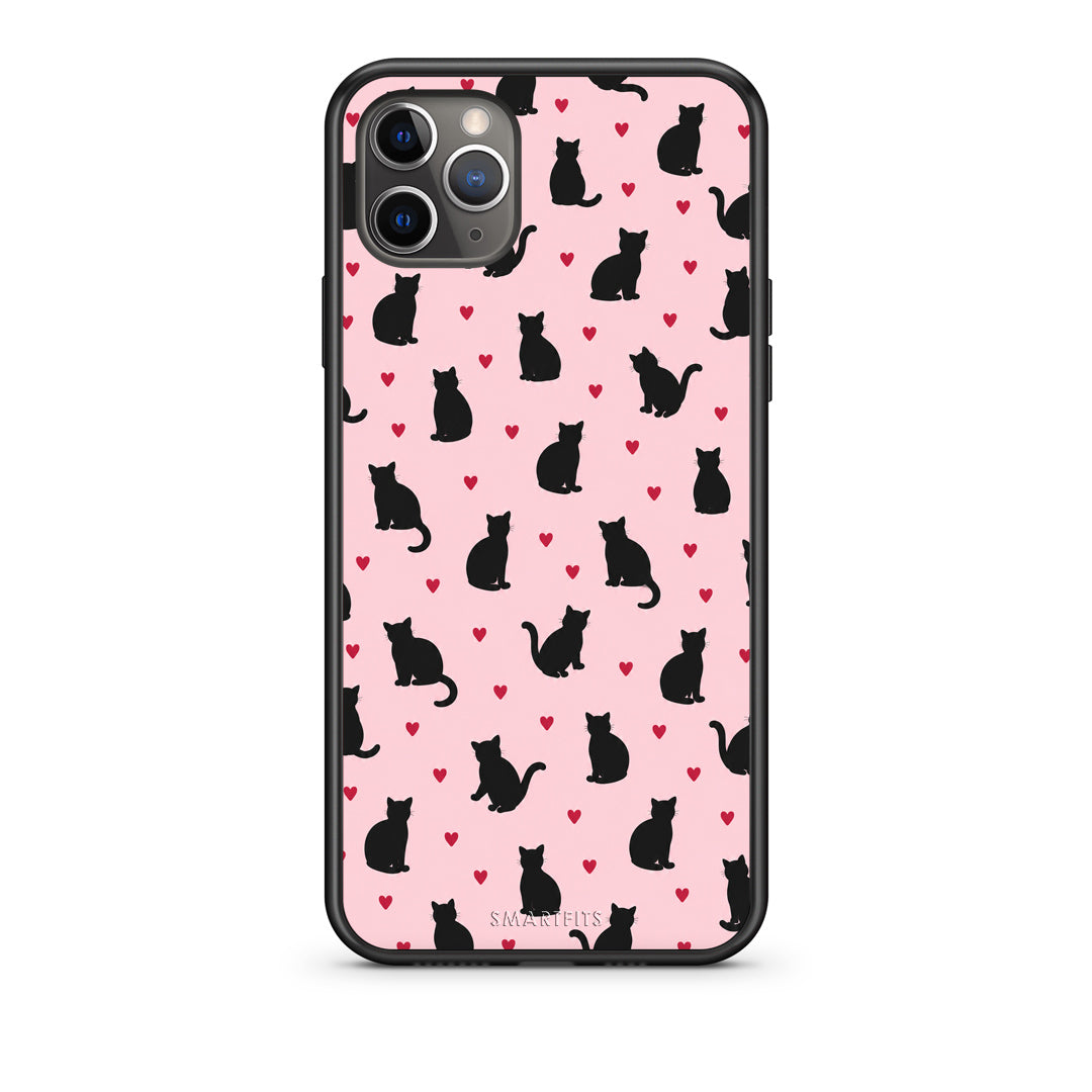 Θήκη iPhone 11 Pro Max Black Cat Silhouettes and Hearts on Pink από τη Smartfits με σχέδιο στο πίσω μέρος και μαύρο περίβλημα | iPhone 11 Pro Max Black Cat Silhouettes and Hearts on Pink case with colorful back and black bezels