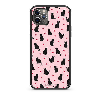 Θήκη iPhone 11 Pro Max Black Cat Silhouettes and Hearts on Pink από τη Smartfits με σχέδιο στο πίσω μέρος και μαύρο περίβλημα | iPhone 11 Pro Max Black Cat Silhouettes and Hearts on Pink case with colorful back and black bezels