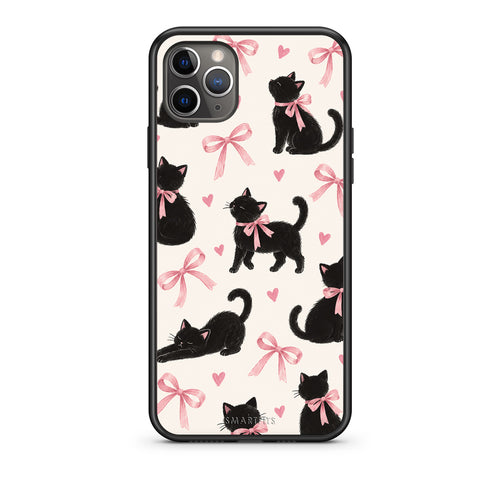 Θήκη iPhone 11 Pro Black Kittens and Pink Bows on Cream Large από τη Smartfits με σχέδιο στο πίσω μέρος και μαύρο περίβλημα | iPhone 11 Pro Black Kittens and Pink Bows on Cream Large case with colorful back and black bezels