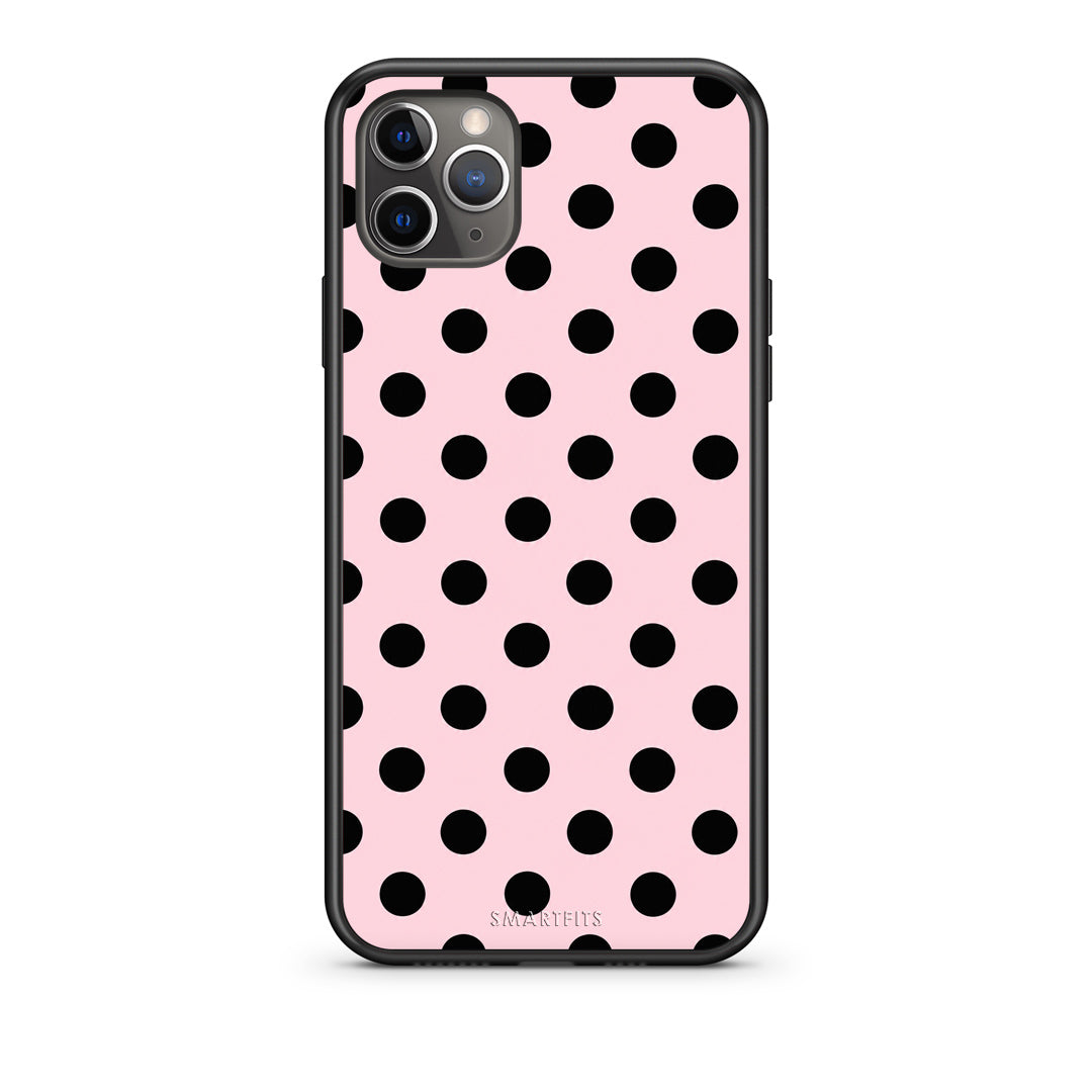 Θήκη iPhone 11 Pro Black Polka Dots on Pink από τη Smartfits με σχέδιο στο πίσω μέρος και μαύρο περίβλημα | iPhone 11 Pro Black Polka Dots on Pink case with colorful back and black bezels