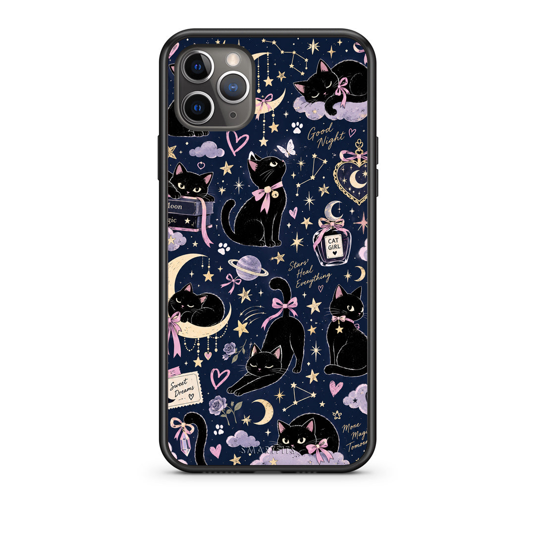 Θήκη iPhone 11 Pro Celestial Black Cats on Navy από τη Smartfits με σχέδιο στο πίσω μέρος και μαύρο περίβλημα | iPhone 11 Pro Celestial Black Cats on Navy case with colorful back and black bezels