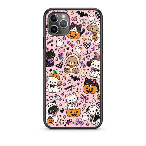Θήκη iPhone 11 Pro Halloween Cute Animals on Pink από τη Smartfits με σχέδιο στο πίσω μέρος και μαύρο περίβλημα | iPhone 11 Pro Halloween Cute Animals on Pink case with colorful back and black bezels