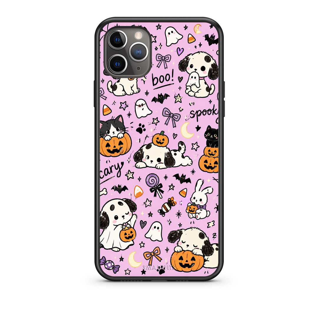 Θήκη iPhone 11 Pro Halloween Puppies and Friends on Lilac από τη Smartfits με σχέδιο στο πίσω μέρος και μαύρο περίβλημα | iPhone 11 Pro Halloween Puppies and Friends on Lilac case with colorful back and black bezels